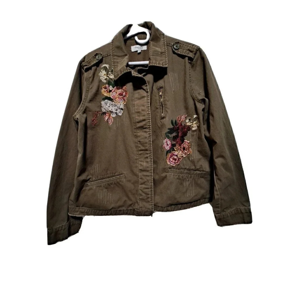 Charlotte Russe Green Flower Button Down Jacket Size L
